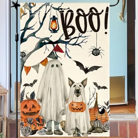 NIP Boo Pumpkin Ghost Dog Halloween Garden Flag 12×18 Double Sided Burlap - Picture 1 of 5